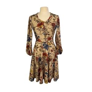 Sears Vintage 70s Floral Long Sleeve Midi Dress Women Beige Red Blue Yellow Mod